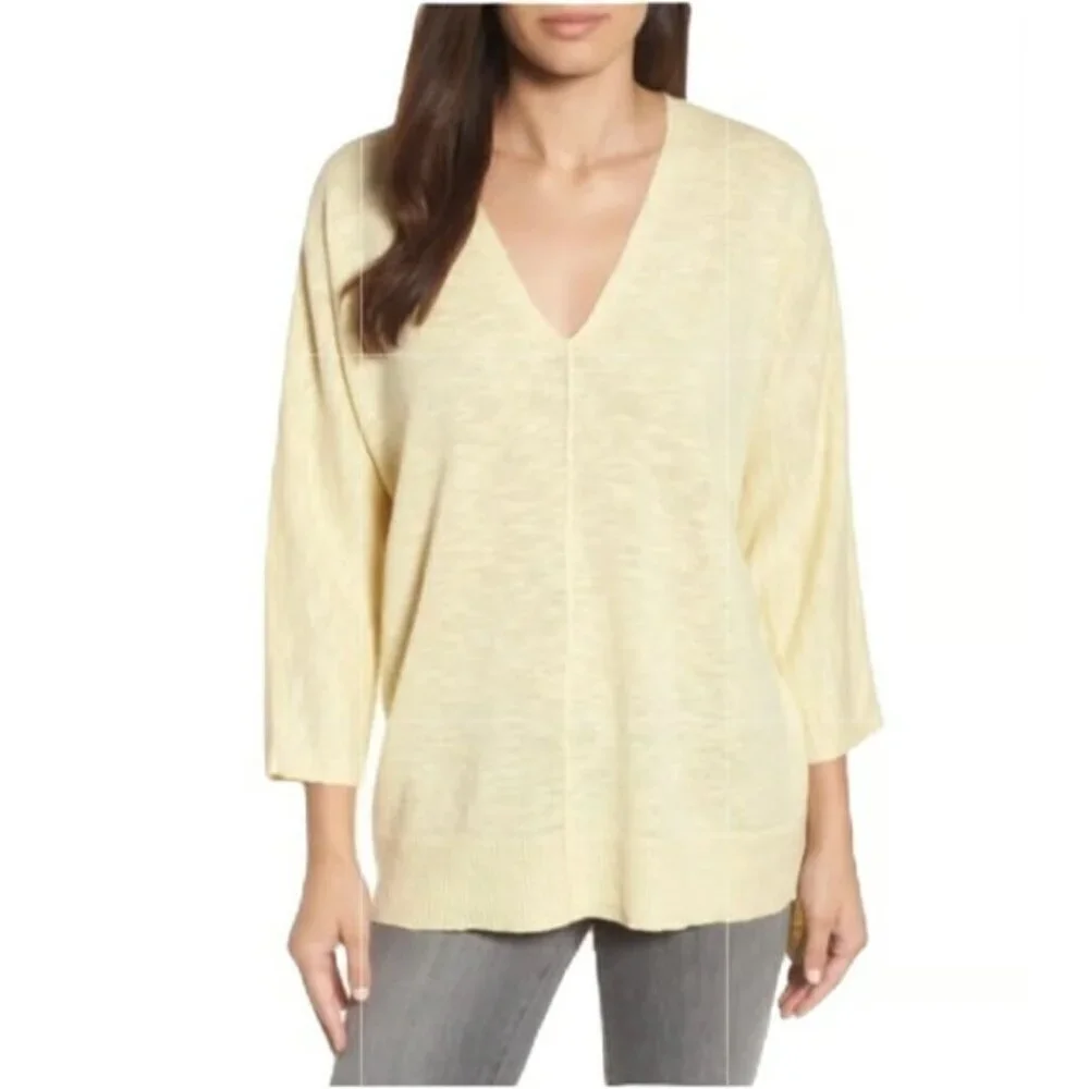 Eileen Fisher Organic Linen Cotton Slub V-Neck Sweater, Yellow, Size M